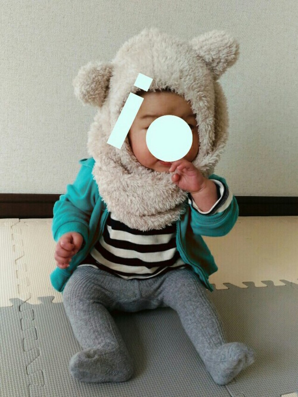 「8ヶ月、70cm、むちむちボーイ、くまさんコーデ、いおコーデ、ベビーコーデ、ベビー」｜「Handmadeのアイテム（帽子、ベージュ系）」を使った、ioioioさん（キッズ・70cm）の春コーディネートの1枚目の写真