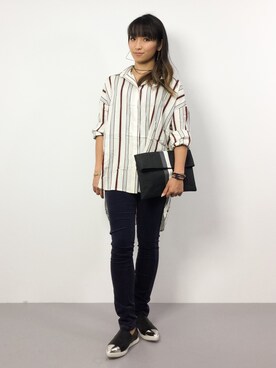 「TODAYFUL（トゥデイフル）のモーチーフストライプシャツ（シャツ/ブラウス）」を使った、ᴵᴷᴱᴺᴼᴿᴵ५✍⋆*さん（レディース・153cm）の秋コーディネート