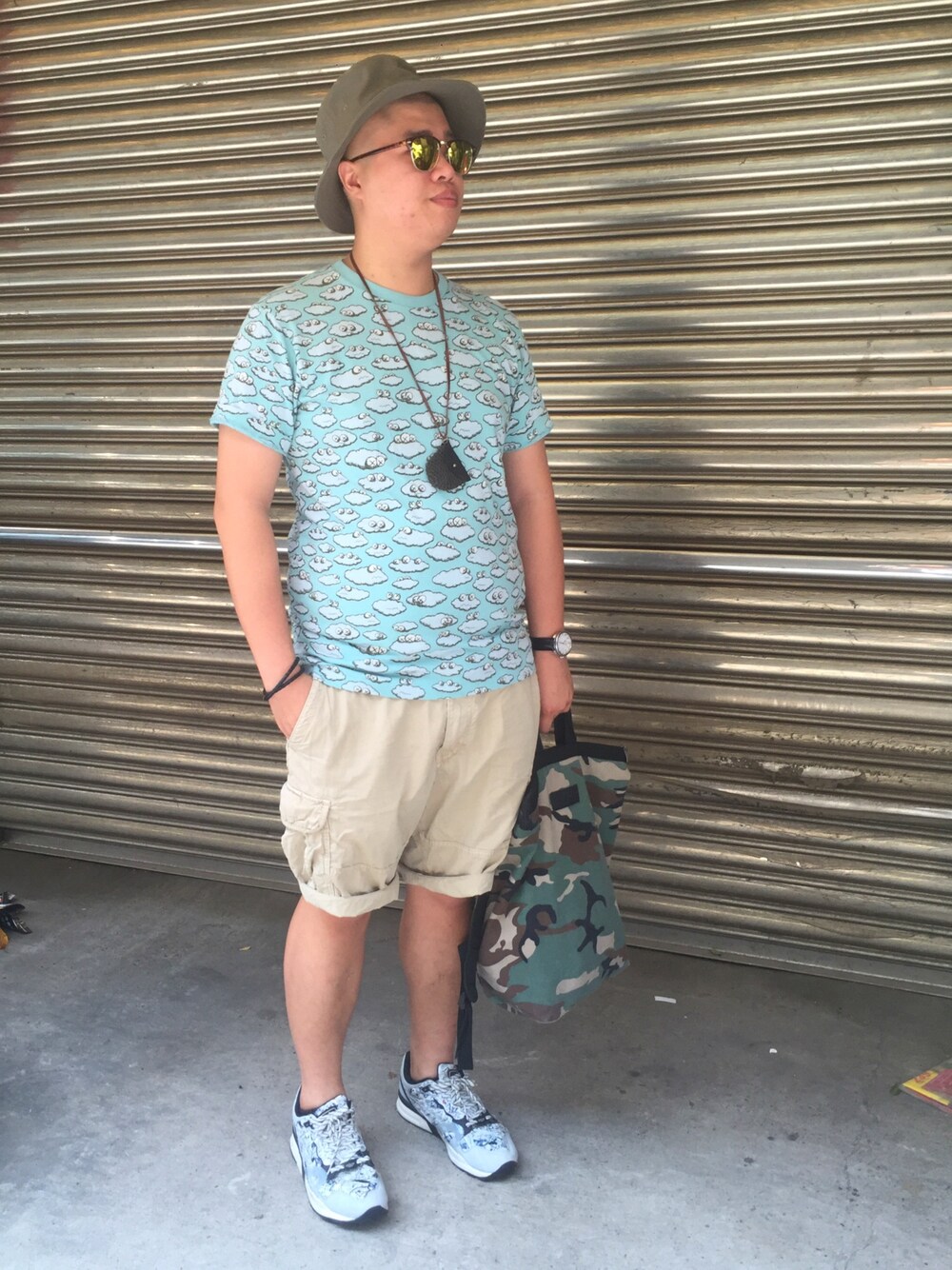 「夏、kwas、PUMA、swash、休日スタイル、summer」｜「GUのアイテム（帽子、グリーン系）」を使った、Eric Wangさん（メンズ・173cm）の夏コーディネートの1枚目の写真