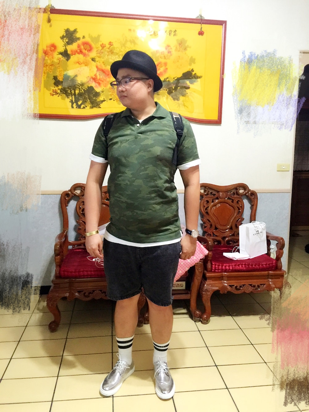 「迷彩、夏、denim、summer、black、POLO、銀」｜「UNIQLOのMEN ドライカノコプリントポロシャツ（カモフラージュ・半袖）（ポロシャツ、グリーン系）」を使った、Eric Wangさん（メンズ・173cm）の夏コーディネートの1枚目の写真