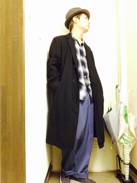 「UNUSED」｜「アイテム（チェスターコート）」を使った、ゆうとさん（メンズ・170cm）の冬コーディネート