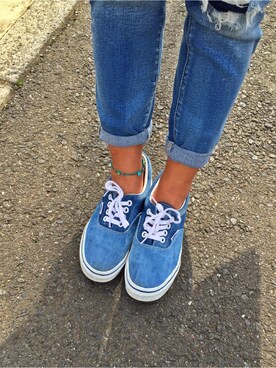 「American Eagle（アメリカンイーグル）のアイテム（デニムパンツ、ブルー系）」を使った、Kaori Kusunoseさん（レディース・145cm）の春コーディネート