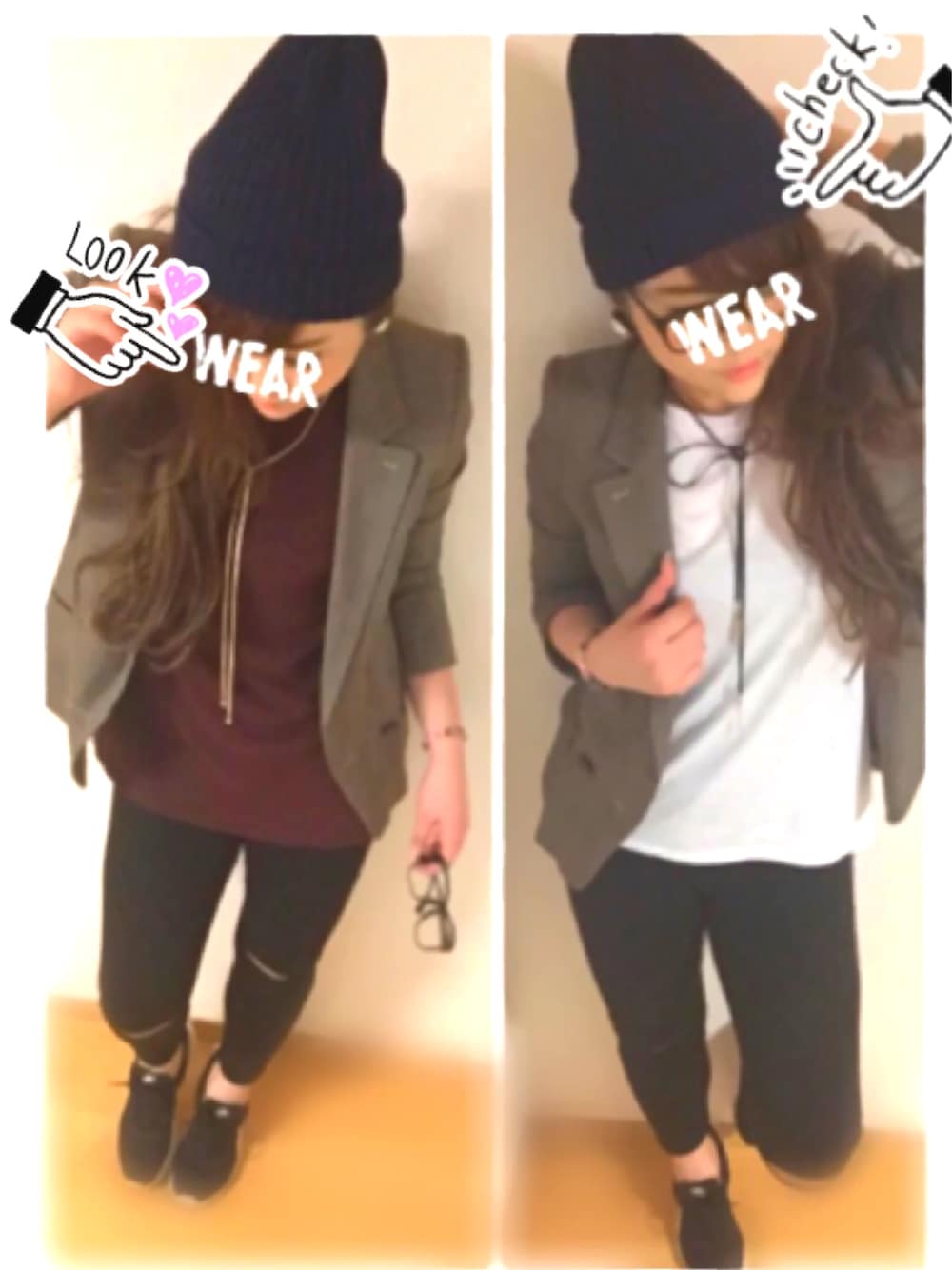 ブラック系のパンツ、ホワイト系のタンクトップ、ブルー系のニットキャップ/ビーニーを着用したレディースの秋コーディネートの1枚目の写真