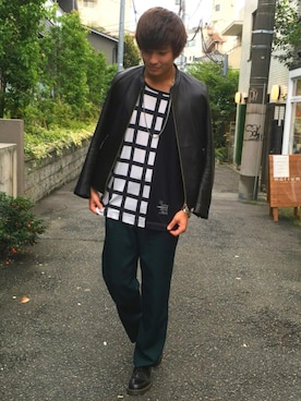 「シャリーフ(SHAREEF)」｜「アイテム（ライダースジャケット）」を使った、ユウトさん（メンズ・177cm）の秋コーディネート