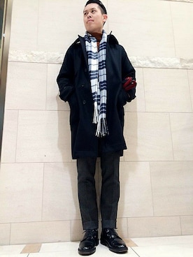 「メルトン」｜「アイテム（ステンカラーコート）」を使った、吉冨さん（メンズ・173cm）の冬コーディネート