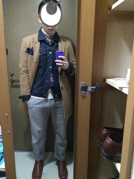 「TAKEO KIKUCHI（タケオキクチ）のアイテム（チェスターコート）」を使った、でこさん（メンズ・170cm）の冬コーディネート