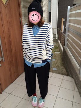 「plumpynuts（プランピーナッツ）のアイテム（Tシャツ/カットソー、ブルー系）」を使った、mikemiraさん（レディース・161cm）の春コーディネート