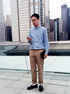 「RRL（ダブル アール エル）のアイテム（シャツ/ブラウス、ブルー系）」を使った、Matthew Chiu さん（メンズ・178cm）の夏コーディネート