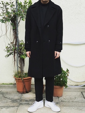 「HARE（ハレ）のアイテム（チェスターコート、ブラック系）」を使った、Matthew Chiu さん（メンズ・178cm）の冬コーディネート