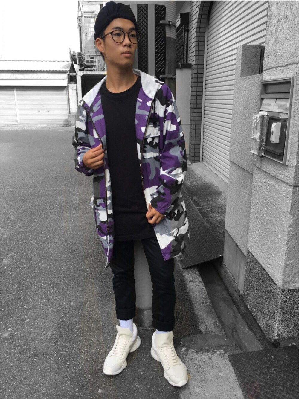 「supreme、G-STAR RAW(G-STAR RAW)、Saint Laurent、ZARA、RICK OWENS、Vivienne Westwood、ベレー帽、秋コーデ」｜「Supreme のアイテム（ダウンジャケット/コート、パープル系）」を使った、ユウスケさん（メンズ・165cm）の秋コーディネートの1枚目の写真
