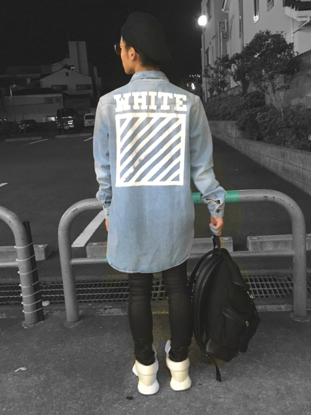 「off white、supreme、Saint Laurent、ZARA、LouisVuitton、G-STAR RAW(G-STAR RAW)、RICK OWENS、ベレー帽」｜「off whiteのアイテム（シャツ/ブラウス、ブルー系）」を使った、ユウスケさん（メンズ・165cm）の秋コーディネートの1枚目の写真