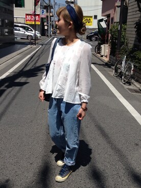 「LOWRYS FARM（ローリーズファーム）のGベーシックＨＩネックブラウスロングスリーブ 536611（シャツ/ブラウス、ホワイト系）」を使った、Misumiさん（レディース・158cm）の春コーディネート