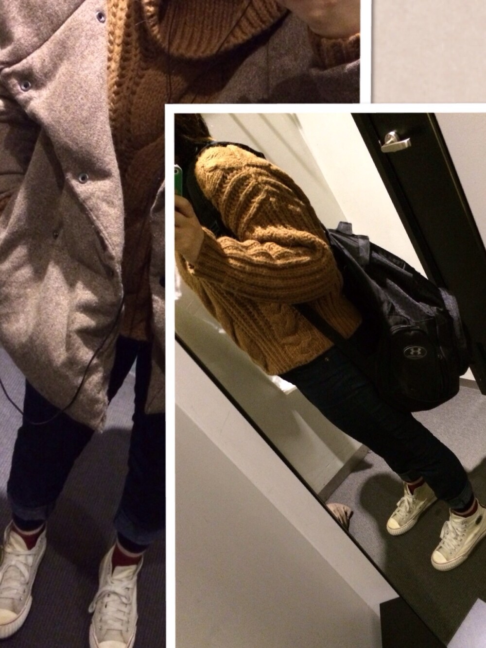 「バックパック、ざっくりニット」｜「NEW BALANCEのPF FLYERS CENTER HI（スニーカー、ホワイト系）」を使った、うっちゃんさん（レディース・161cm）の冬コーディネートの1枚目の写真