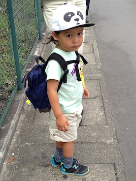 「X-girl Stages（エックスガールステージス）のS/S TEE “HARIBO” (12M～3T)（Tシャツ/カットソー、グリーン系）」を使った、あめこさん（レディース）の夏コーディネート