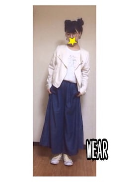 「アイテム（ライダースジャケット、ホワイト系）」を使った、ちんちくりんm(_ _)mさん（レディース・153cm）の秋コーディネート