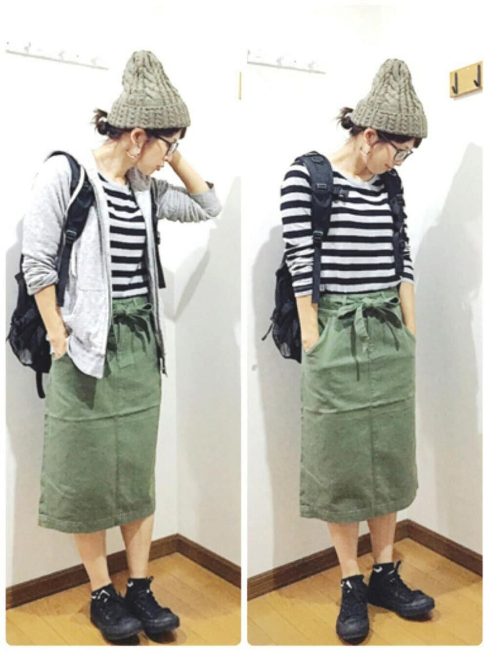 グレー系のパーカー、グリーン系のスカート、グレー系のTシャツ/カットソーを着用したレディースの秋コーディネートの1枚目の写真