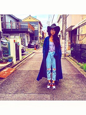 「TOPSHOP（トップショップ）のアイテム（デニムパンツ、ブルー系）」を使った、maicoさん（レディース・174cm）の夏コーディネート