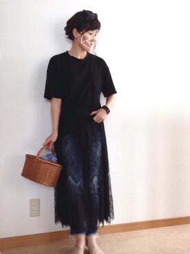 「Ungrid（アングリッド）のインディゴフレイドヘムストスリ（デニムパンツ）」を使った、cha!!さん（レディース・156cm）の夏コーディネート