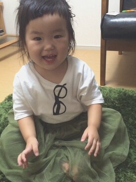「韓国子供服のアイテム（Tシャツ/カットソー、ホワイト系）」を使った、sowaさん（キッズ・90cm）の秋コーディネート