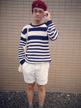「ボーダーソックス」｜「アイテム（ハンチング/ベレー帽）」を使った、しょうきちさん（メンズ・169cm）の夏コーディネート
