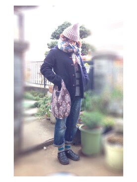 「アイテム（ブーツ、ブルー系）」を使った、aicoさん（レディース・156cm）の冬コーディネート