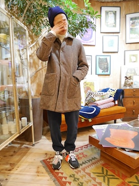 「Engineered Garments（エンジニアードガーメンツ）のアイテム（ステンカラーコート）」を使った、チャヤマコトさん（メンズ・169cm）の秋コーディネート