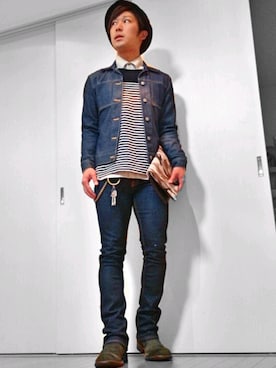 「白シャツ×ニット」｜「アイテム（デニムジャケット）」を使った、H.Kさん（メンズ・167cm）の冬コーディネート