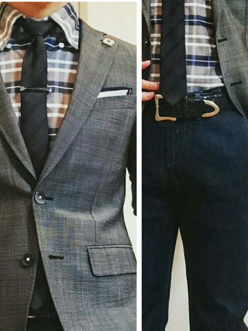 「秋、ootd、シンプル、スーツスタイル、スーツ、ジャケパン、ビジネススタイル、デニムスラックス」｜「J&M Davidsonの＜J&M Davidson＞ THIN MESH 30mm（ベルト、ブラック系）」を使った、H.Kさん（メンズ・167cm）の秋コーディネートの1枚目の写真