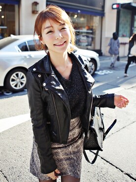 「pumps」｜「アイテム（ライダースジャケット）」を使った、큐니걸스さん（レディース・163cm）の冬コーディネート