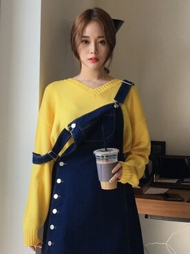 「knit」｜「アイテム（つなぎ/オールインワン）」を使った、큐니걸스さん（レディース・163cm）の春コーディネート