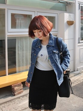 「skirt」｜「アイテム（デニムジャケット）」を使った、큐니걸스さん（レディース・163cm）の春コーディネート