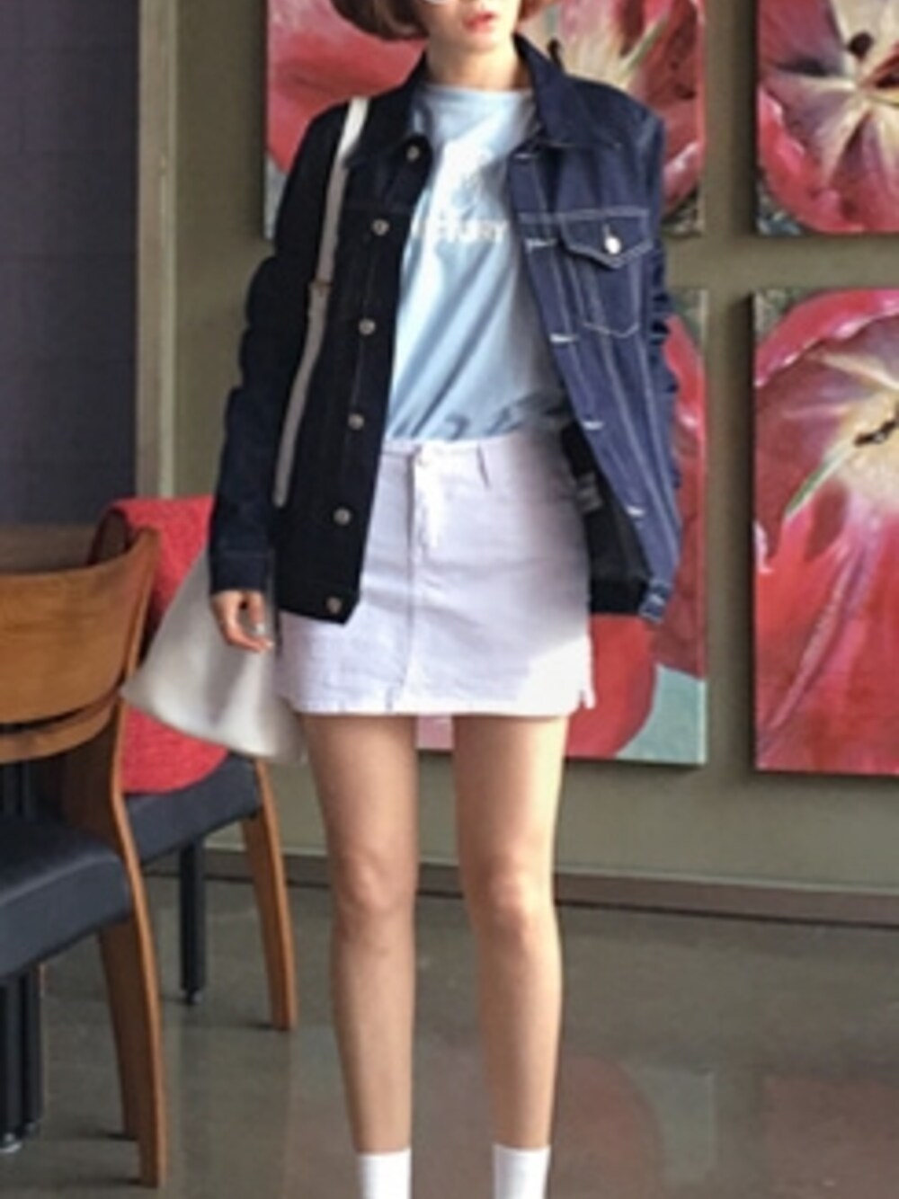 「denim、skirt、Tshirts、korea、daily look、denim jacket、korea style、daily、codi」｜「파란우산 데님자켓（デニムジャケット、その他）」を使った、큐니걸스さん（レディース・163cm）の春コーディネートの1枚目の写真