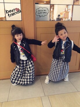 「アイテム（ライダースジャケット）」を使った、Nicoさん（キッズ・100cm）の春コーディネート