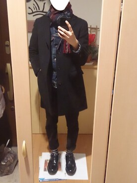 「ボーダーソックス」｜「アイテム（チェスターコート）」を使った、しゅさん（メンズ・175cm）の冬コーディネート