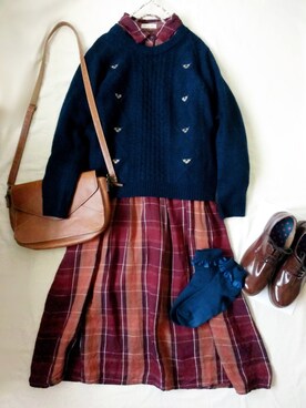 「アイテム（シャツワンピース、レッド系）」を使った、ふうさん（レディース・170cm）の冬コーディネート