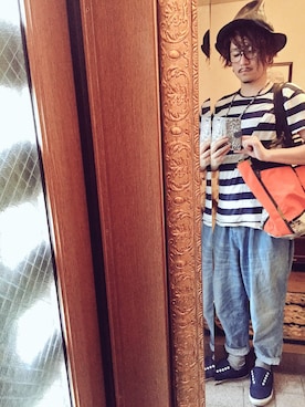 「TALKING ABOUT THE ABSTRACTION（トーキング　アバウト　ジ　アブストラクション）のアイテム（デニムパンツ）」を使った、LeoRe∞さん（メンズ・181cm）の夏コーディネート