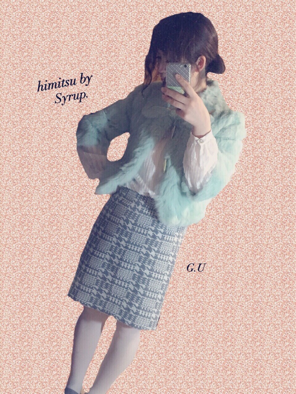 「himitsu by syrup. 、syrup.、ファー小物、ミントグリーン、ラビットファー、タイトスカート、プチプラ、g.u.、グレー」｜「RoseMarie seoirのSyrup. ラビットファーコート（その他アウター、グリーン系）」を使った、aiさん（レディース・158cm）の冬コーディネートの1枚目の写真