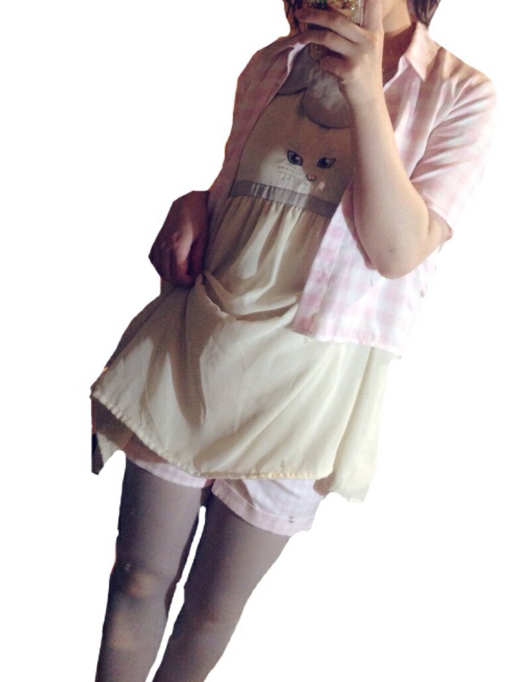 「H&M、ギンガムチェック、ｼｰｽﾙｰｼｬﾂ、syrup.、WEARBOOKエントリー」｜「RoseMarie seoirのネコのワンピース（ワンピース、ベージュ系）」を使った、aiさん（レディース・158cm）の夏コーディネートの1枚目の写真
