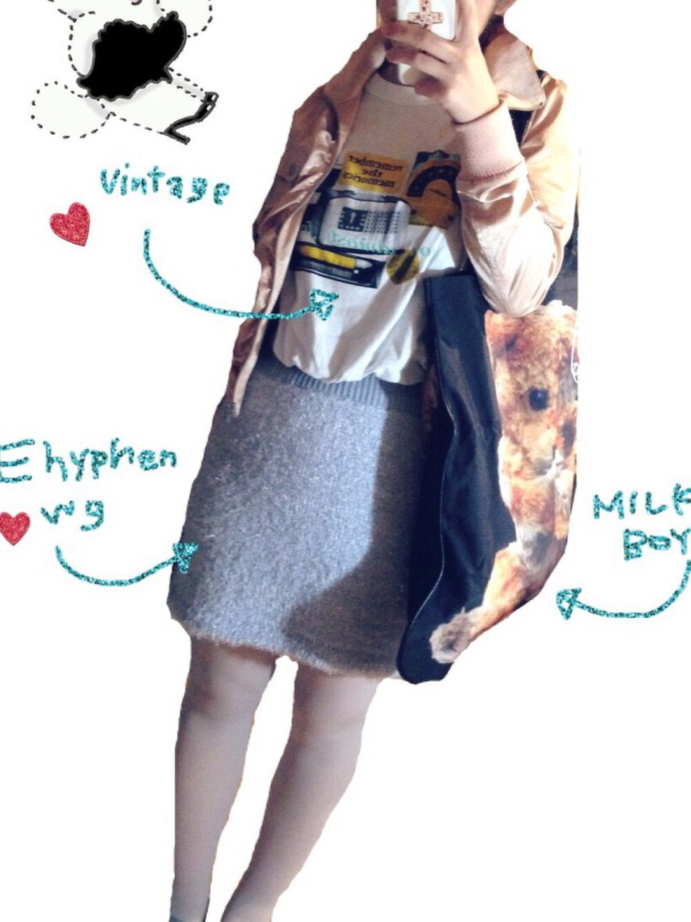 「E hyphen world gallary、MILKBOY、vintage、古着、アイスブルー、モヘア」｜「E hyphen world galleryのアイテム（スカート、ブルー系）」を使った、aiさん（レディース・158cm）の秋コーディネートの1枚目の写真