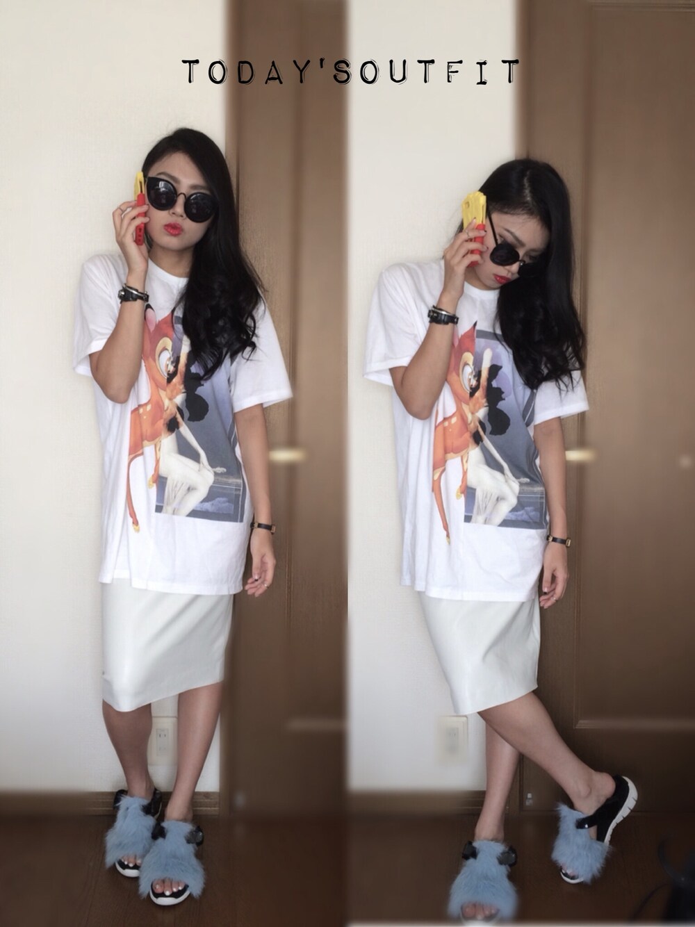 「GIVENCHY、ZARA、MOSCHINO、made in HEAVEN」｜「made in HEAVENのCry. Explorer #Fur（サンダル、ブルー系）」を使った、YURI NAKAMURAさん（レディース・158cm）の秋コーディネートの1枚目の写真