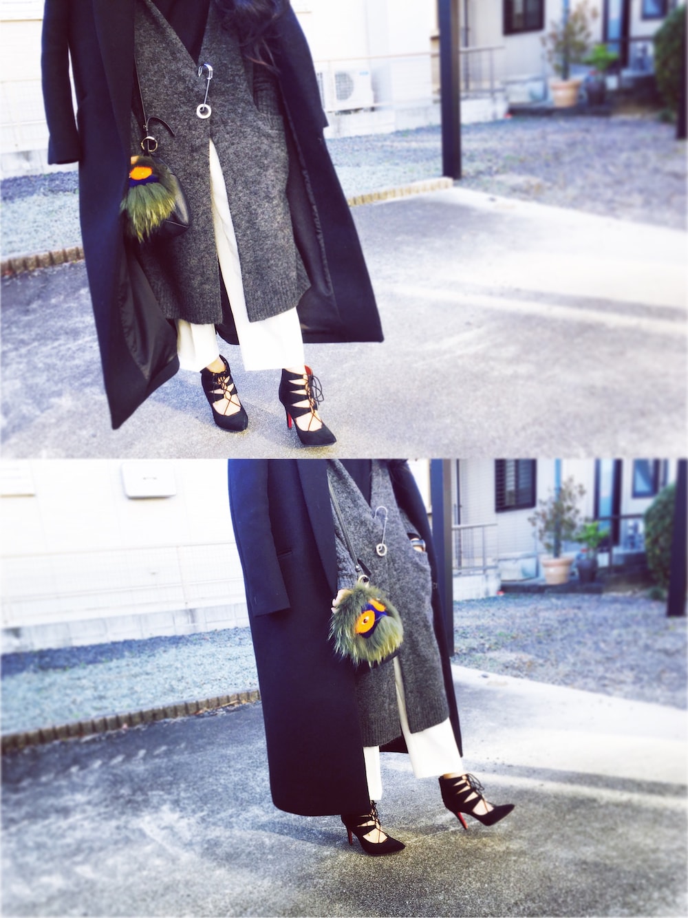 「ACNE、LECIELBLEU、ZARA、GIVENCHY、モンスター、STACCATO、ロングコート、ワイドパンツ」｜「Acne Studiosのアイテム（カーディガン/ボレロ、グレー系）」を使った、YURI NAKAMURAさん（レディース・158cm）の冬コーディネートの1枚目の写真