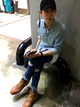 「RED WING SHOES（レッドウィング）のRed Wing Shoes Rubber-Soled Leather Boots（ブーツ）」を使った、Chuang fu yaoさん（メンズ・172cm）の秋コーディネート
