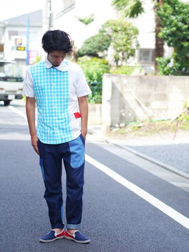 「NIRAME.CO（ニラメッコ）のアイテム（トップス）」を使った、NIRAME.COさん（メンズ・176cm）の夏コーディネート
