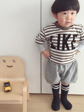 「green label relaxing（グリーンレーベルリラクシング）のサキゾメボーダー LIKE 5L（Tシャツ/カットソー、グリーン系）」を使った、ｅｉさん（キッズ・90cm）の春コーディネート