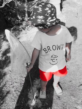 「韓国子供服のアイテム（Tシャツ/カットソー、ホワイト系）」を使った、so_uさん（キッズ・124cm）の夏コーディネート
