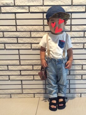 「abcd（ナシ）のアイテム（キャップ）」を使った、☆✴︎hinata✴︎☆さん（キッズ・80cm）の夏コーディネート