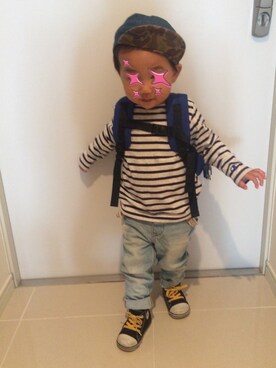 「abcd（ナシ）のアイテム（キャップ）」を使った、☆✴︎hinata✴︎☆さん（キッズ・80cm）の秋コーディネート