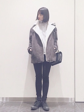 「フリンジバッグ」｜「アイテム（ライダースジャケット）」を使った、ARISAさん（レディース・157cm）の冬コーディネート