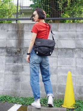 「AZUL by moussy（アズールバイマウジー）のｵｰｶﾞﾆｯｸｺｯﾄﾝVﾈｯｸ半袖PO（Tシャツ/カットソー）」を使った、ARISAさん（レディース・157cm）の夏コーディネート