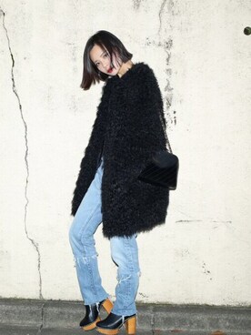 「MOUSSY（マウジー）のWOODEN HEEL BOOTS（ブーツ）」を使った、ARISAさん（レディース・157cm）の冬コーディネート